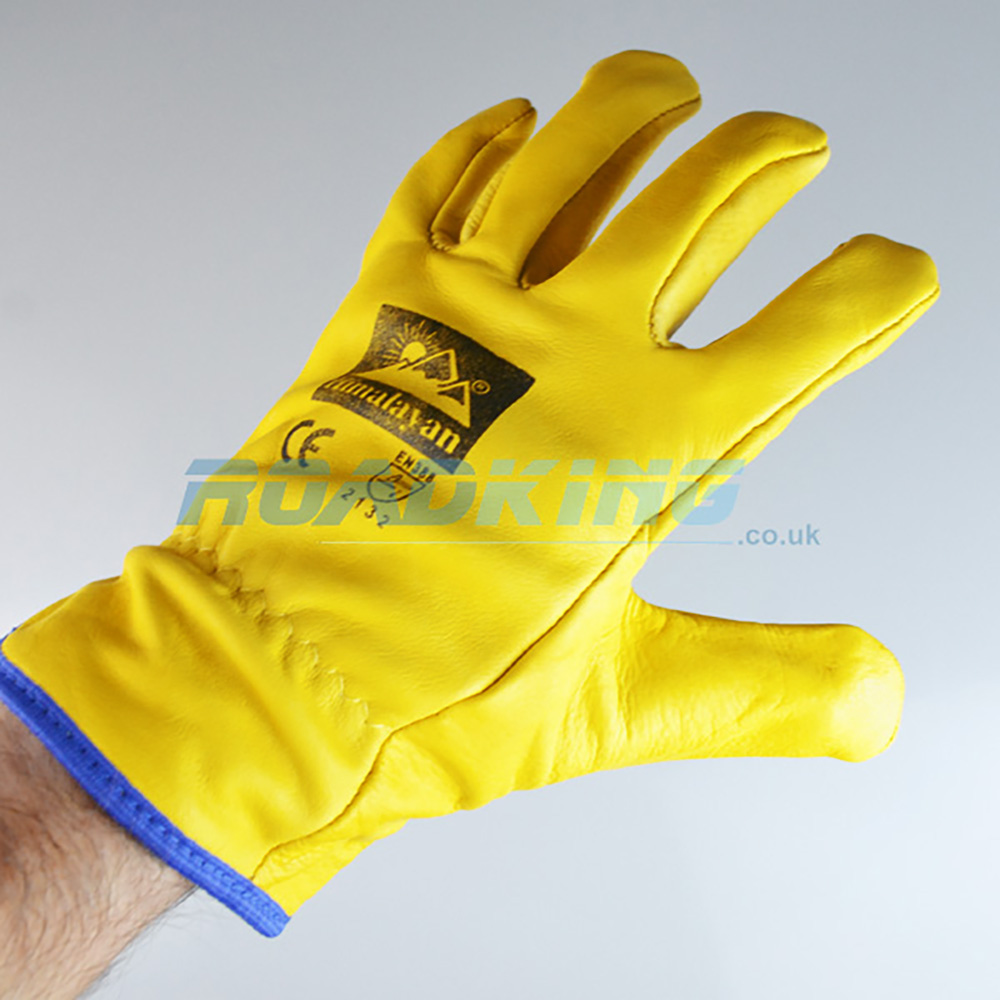 Leather Driving Gloves | Yellow | Blue Trim Felt Lined | Size 9