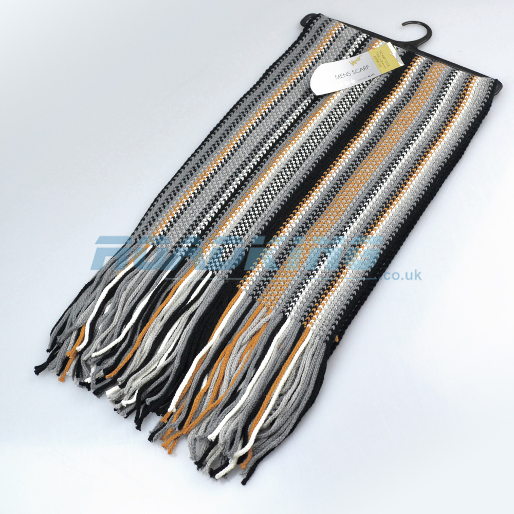 Mens Striped Scarf | Black, White, Grey & Gold